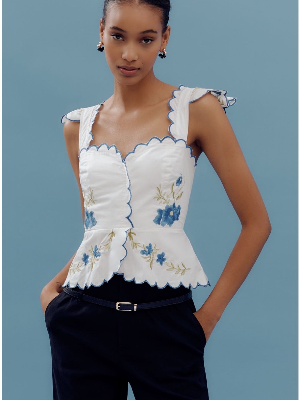 Anthropologie White Floral Embroidered Scallop Peplum Camisole